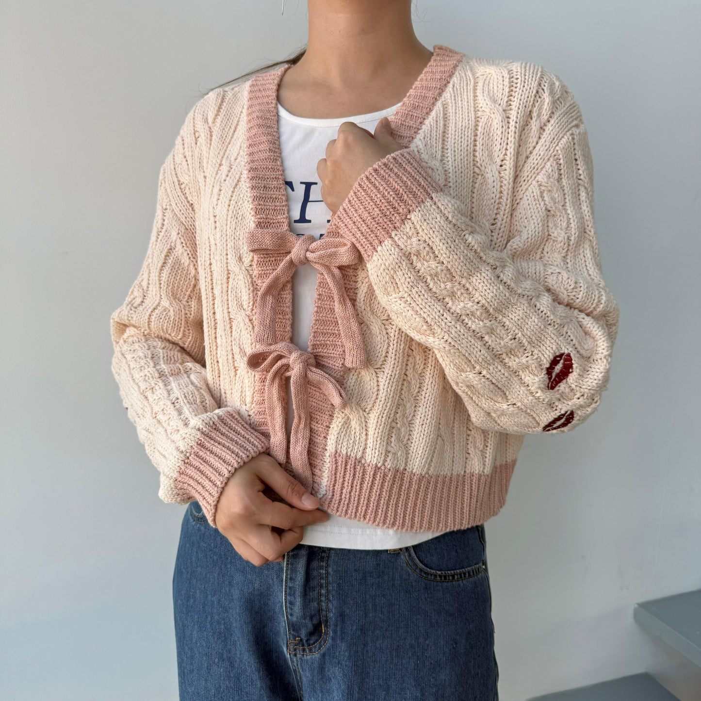Sabrina: Pink Bow Cardigan (cropped version)