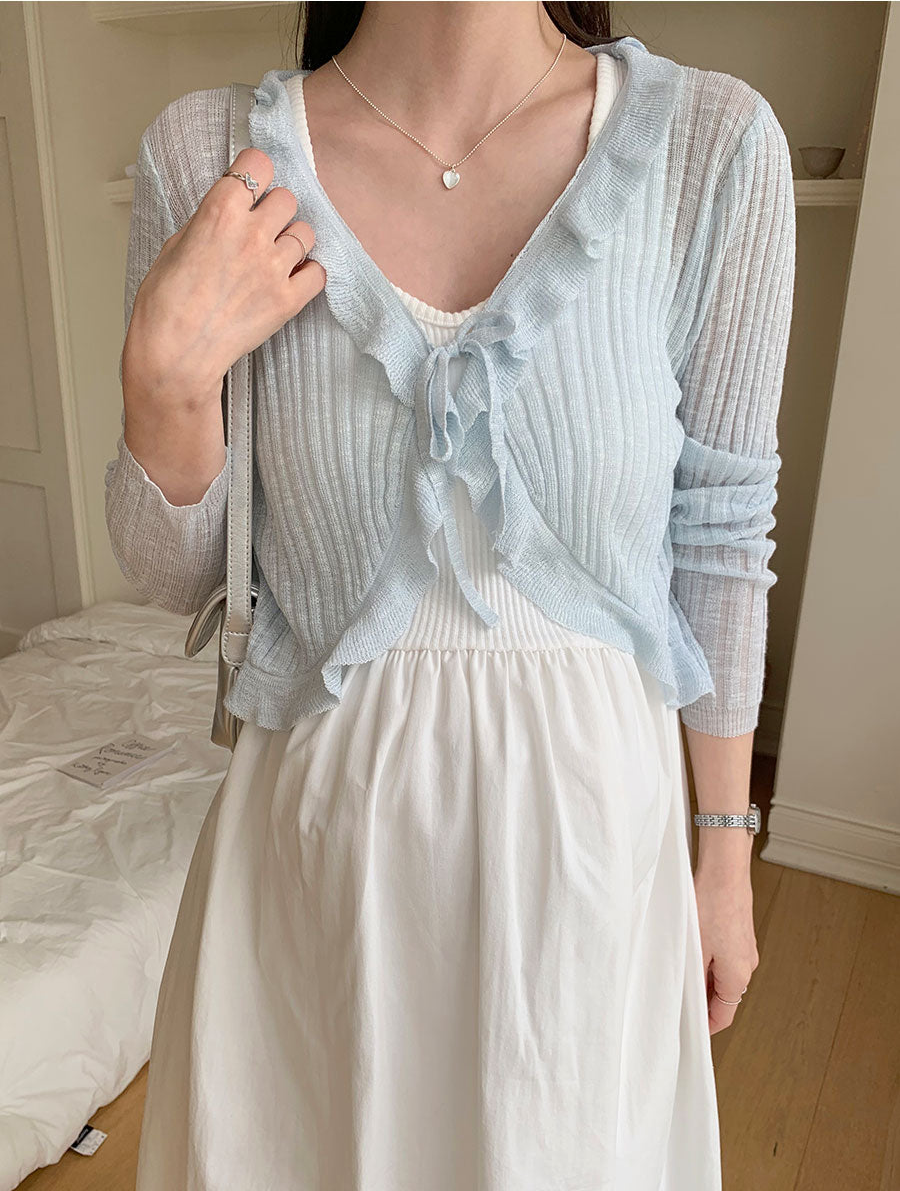 Satin Ruffle Tie Lightweight Cardigan/Top